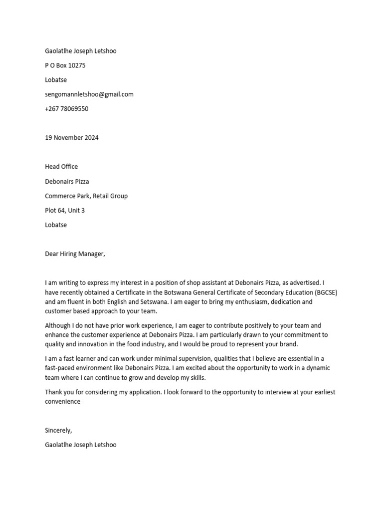 Job Application for Shop Assistant Position | PDF
