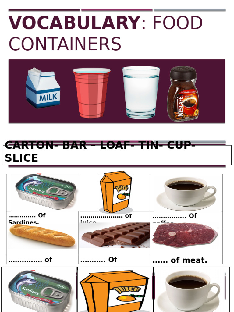 Food Container Vocabulary Guide | PDF