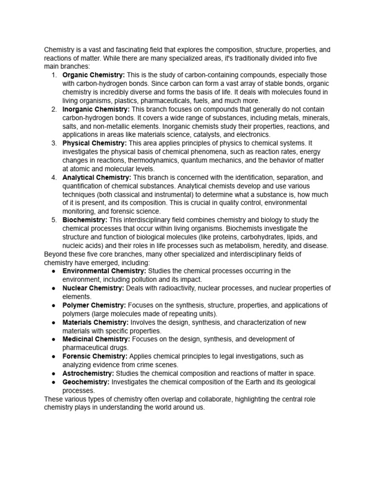 Overview of Chemistry Branches | PDF | Chemistry | Biochemistry