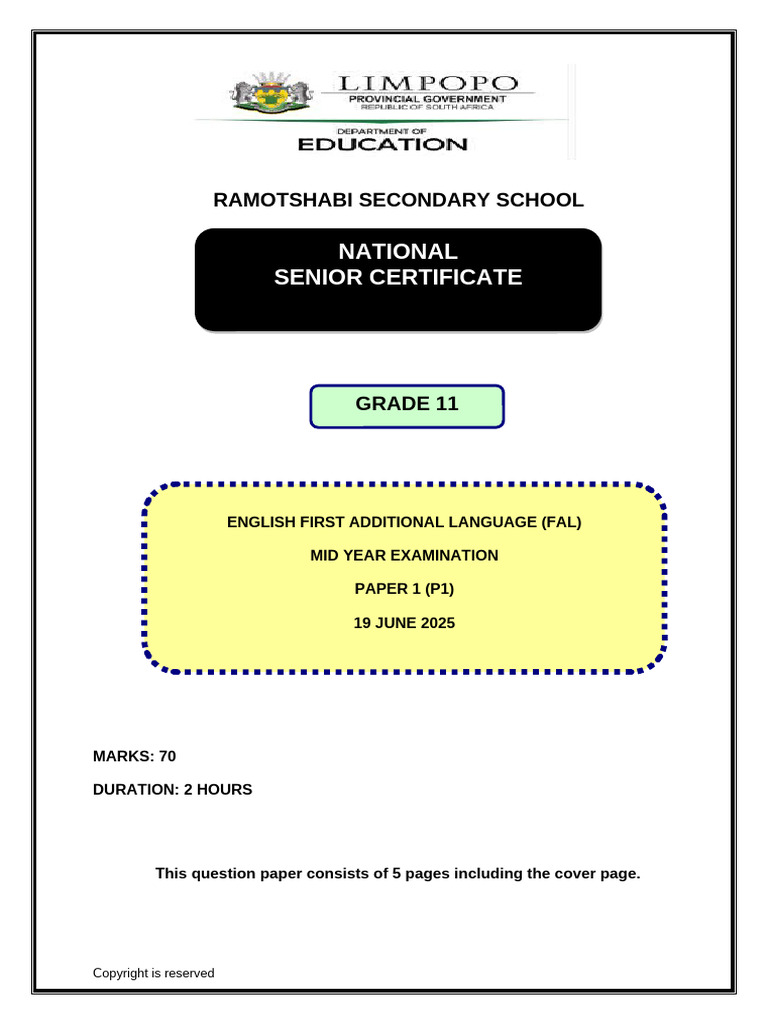 Grade 11 English Mid-Year Exam 2025 | PDF