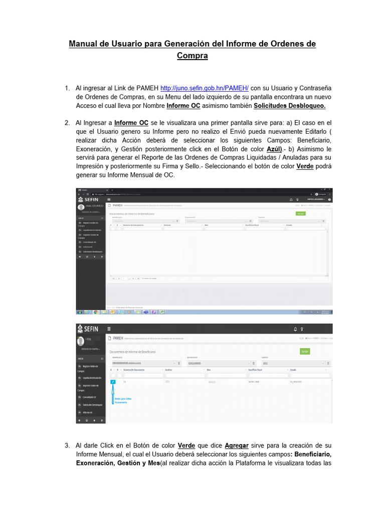 Manual de Usuario para Generacion Del Informe de Ordenes de Compra ...