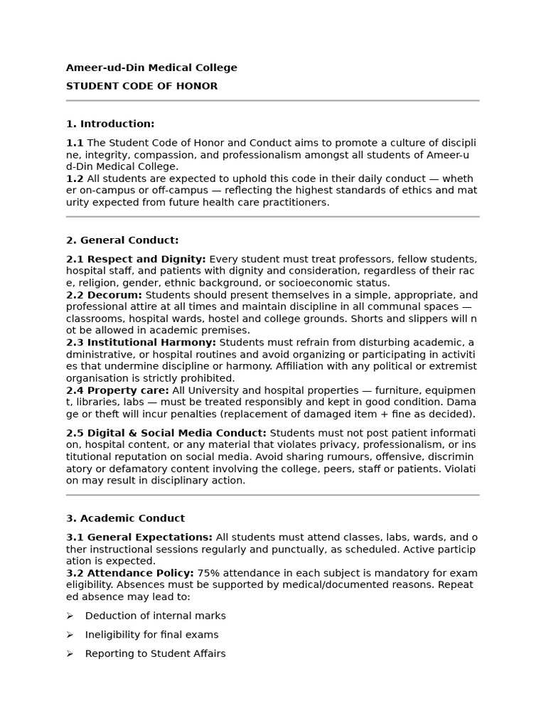 Ameer-ud-Din Medical College Honor Code | PDF | Plagiarism | Hospital