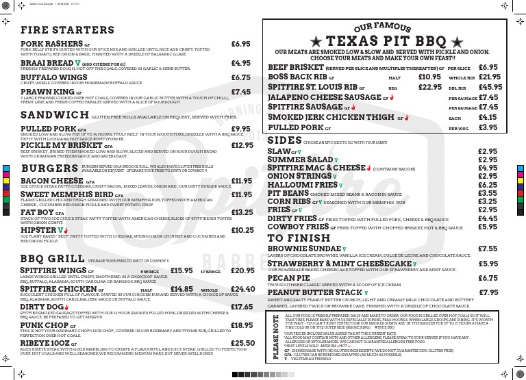 Spitfire BBQ Menu: Wings, Ribs & More | PDF | Barbecue | Sausage