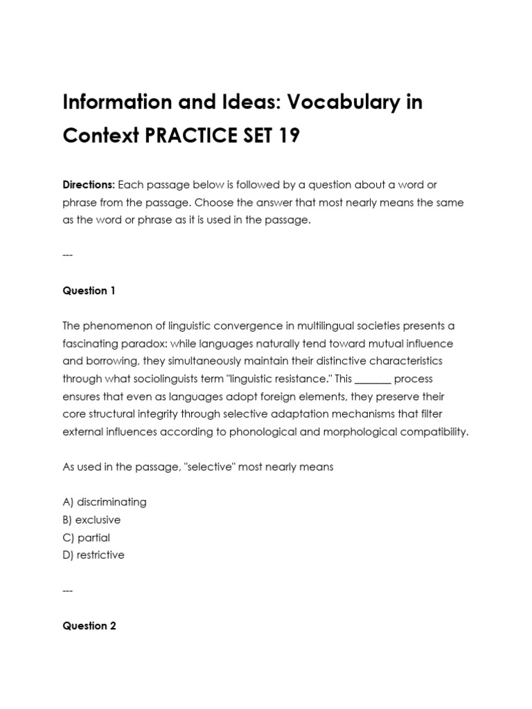 Information and Ideas - Vocabulary in Context PRACTICE SET 19 | PDF ...