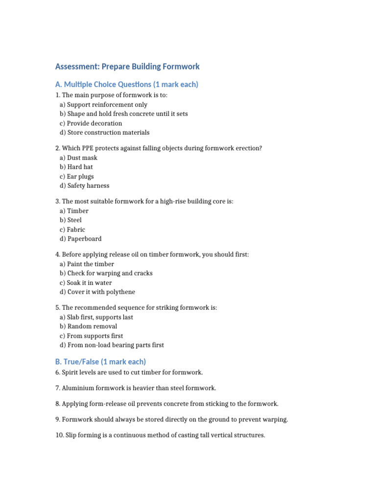 Prepare Building Formwork Assessment | PDF