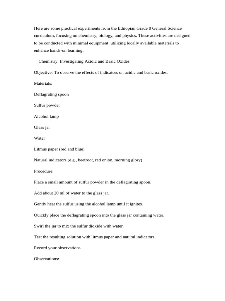 Grade 8 Science Experiments Guide | PDF | Digestion | Sulfur