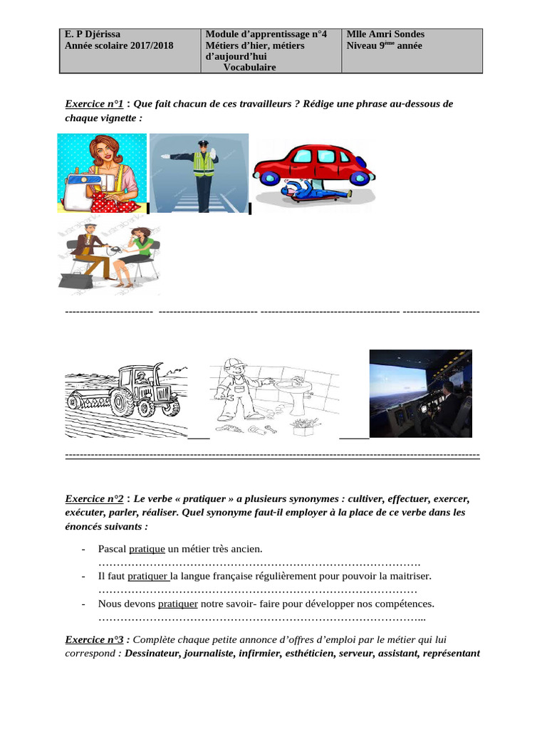 Exercices sur les métiers et le vocabulaire | PDF