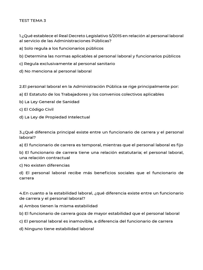 Test Tema 3 | PDF | Derecho laboral | Servicio Civil