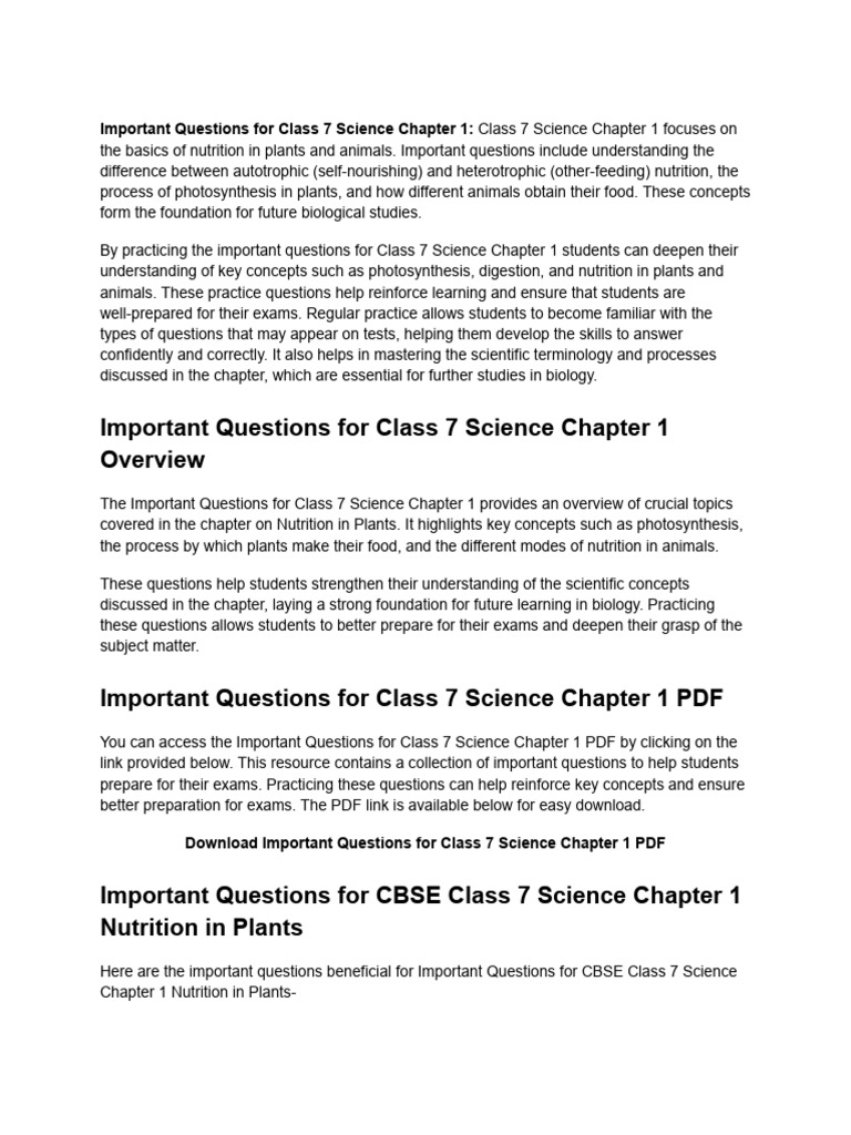 Class 7 Science Nutrition Questions Guide | PDF | Photosynthesis ...