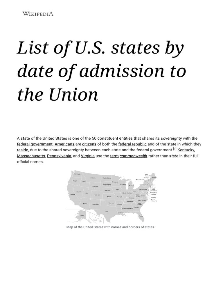 List of U.S. States by Date of Admission To The Union - Wikipedia | PDF ...