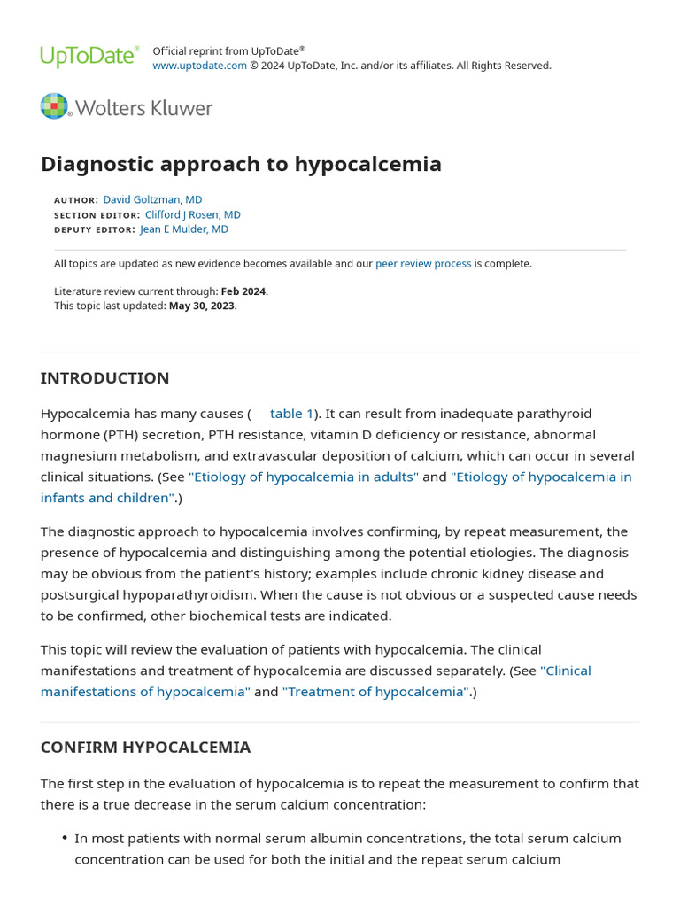 Diagnostic Evaluation of Hypocalcemia | PDF | Vitamin D | Medical ...