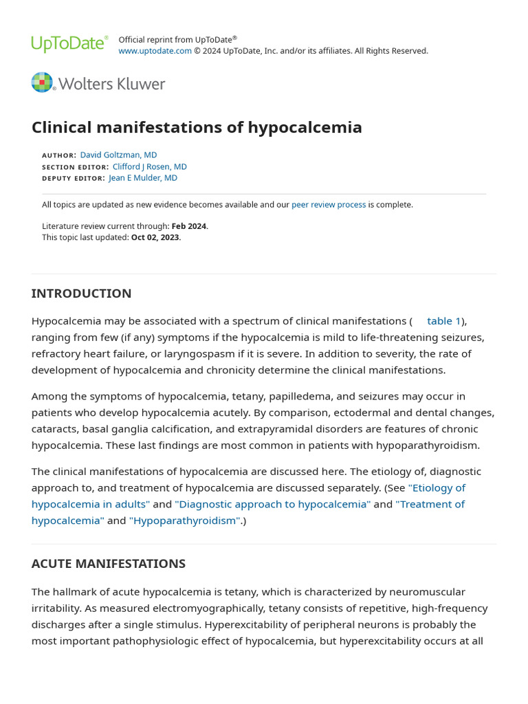 Clinical Manifestations of Hypocalcemia - UpToDate | PDF | Vitamin D ...