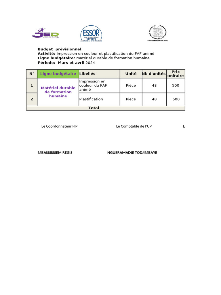 Budget prévisionnel pour impression FAF | PDF