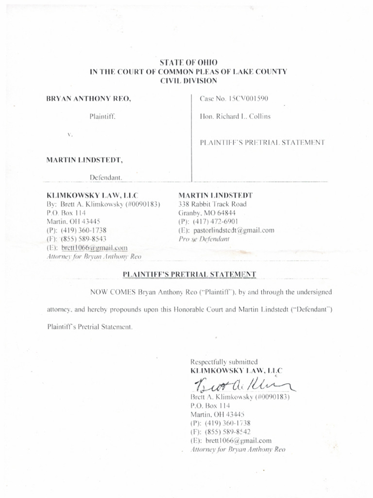 22may17 - Pretrial Statement | PDF | Defamation | Lawsuit
