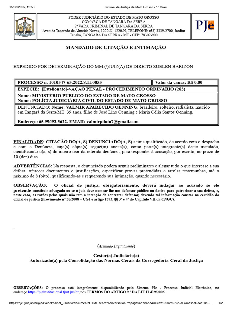 Mandado de Citação e Intimação Valmir Aparecido Oenning | PDF ...