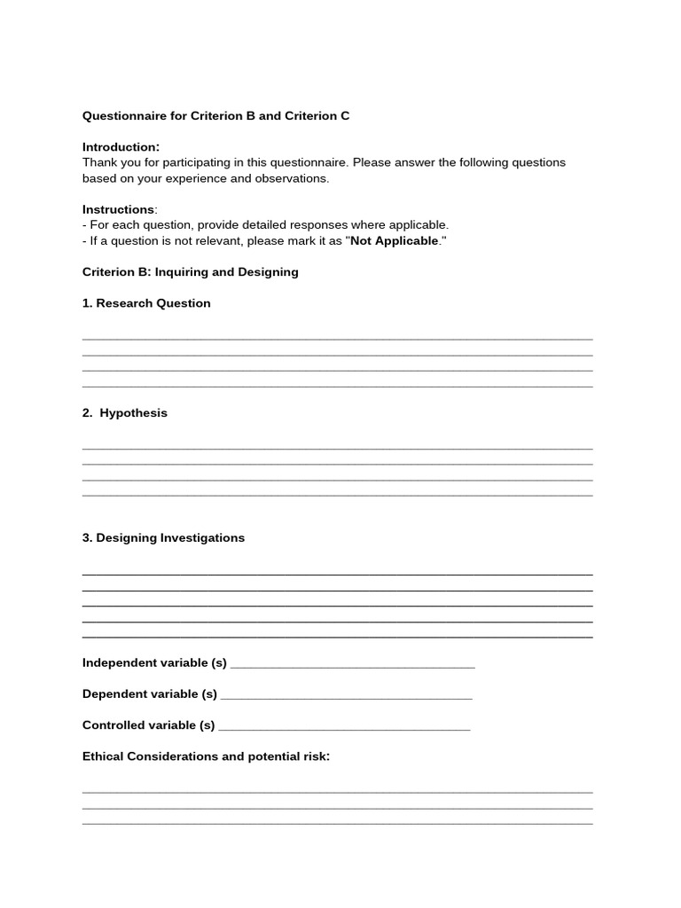 Questionnaire For Criterion B and Criterion C | PDF | Methodology ...