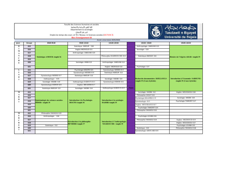Emploi du temps L1 Sciences Sociales 2025 | PDF | Concepts biologiques ...