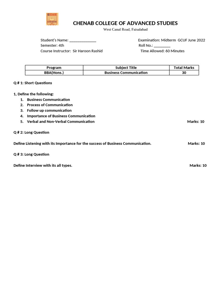 Business Communication BBA 4th Midterm Exam Paper by Sir Haroon Rashid ...