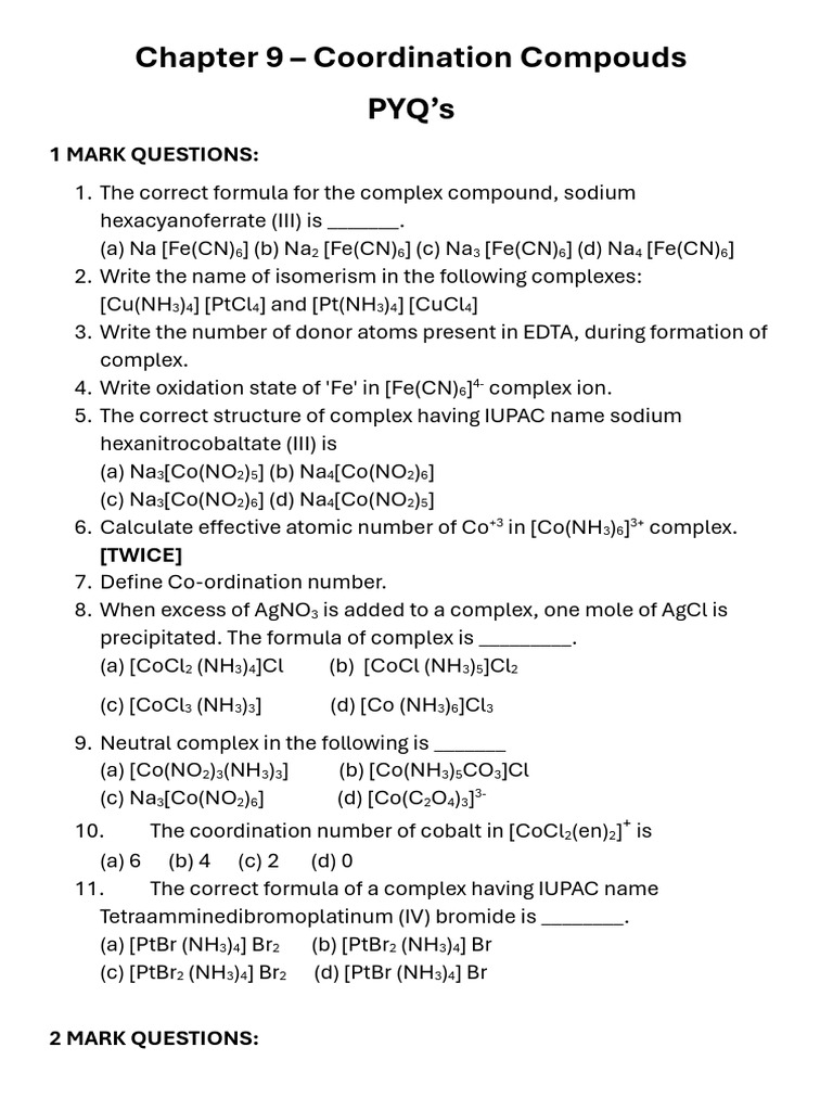 CHPT 9 PYQs | PDF | Coordination Complex | Sets Of Chemical Elements