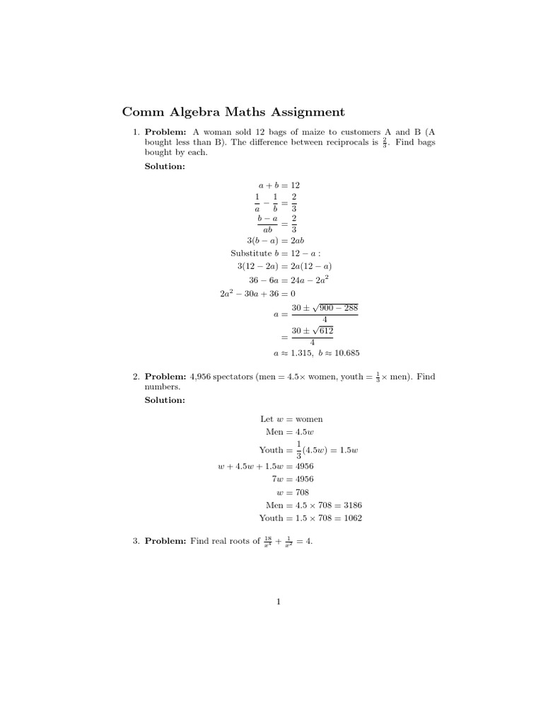Algebra Assignment Solutions | PDF | Quadratic Equation | Mathematical ...