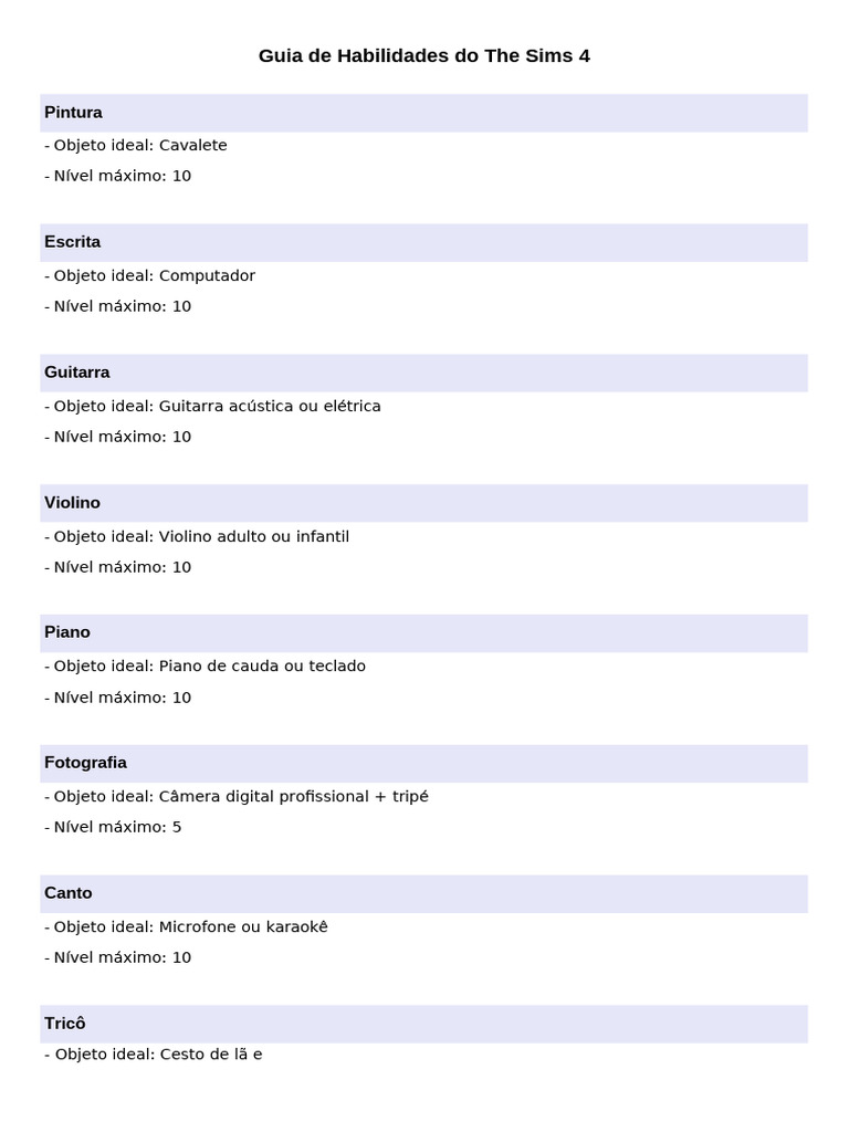 Habilidades no The Sims 4: Guia Completo | PDF