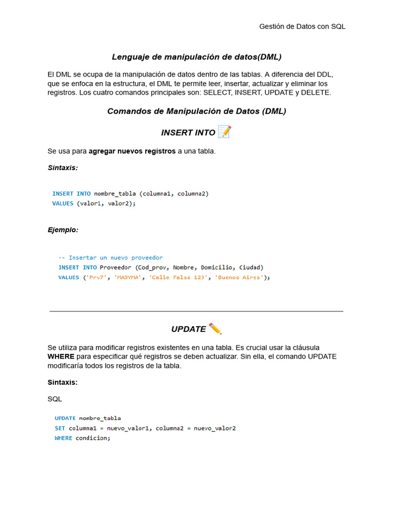 Comandos DML en SQL: Guía Práctica | PDF | SQL | Diseño de software