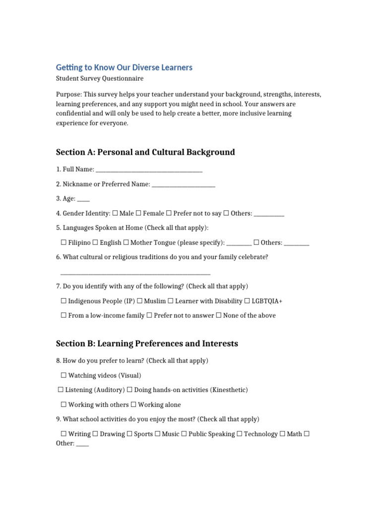 Diverse Learner Survey Questionnaire | PDF