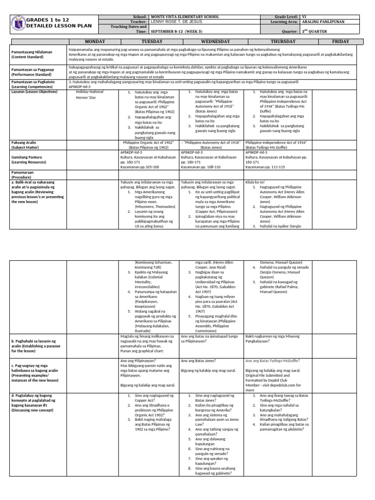 Monday Tuesday Wednesday Thursday Friday: GRADES 1 To 12 Detailed ...