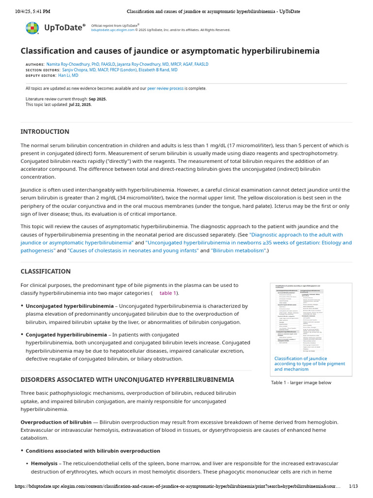 Classification and Causes of Jaundice or Asymptomatic ...