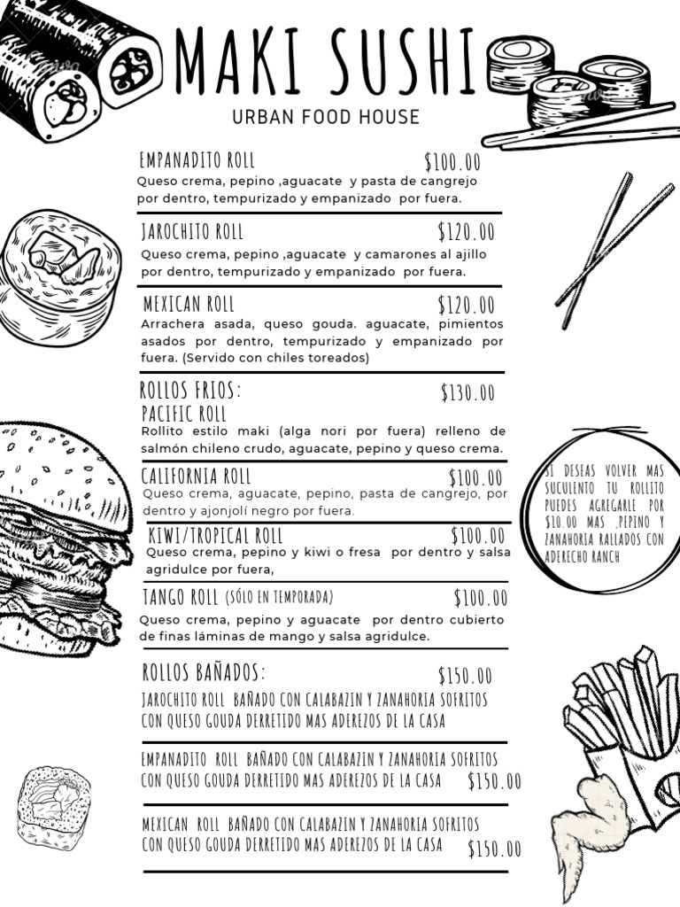 Menú de Maki Sushi y Hamburguesas | PDF | Hamburguesas | Cocinando