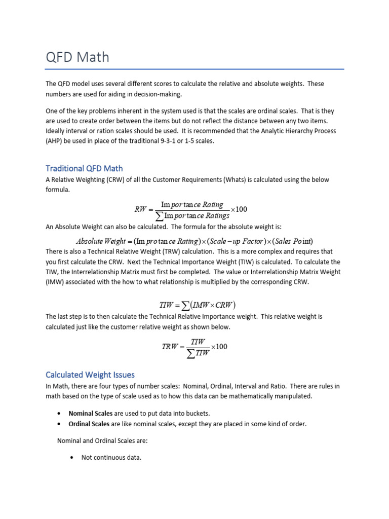 QFD Math: Weight Calculation Methods | PDF | Mathematics | Multiplication