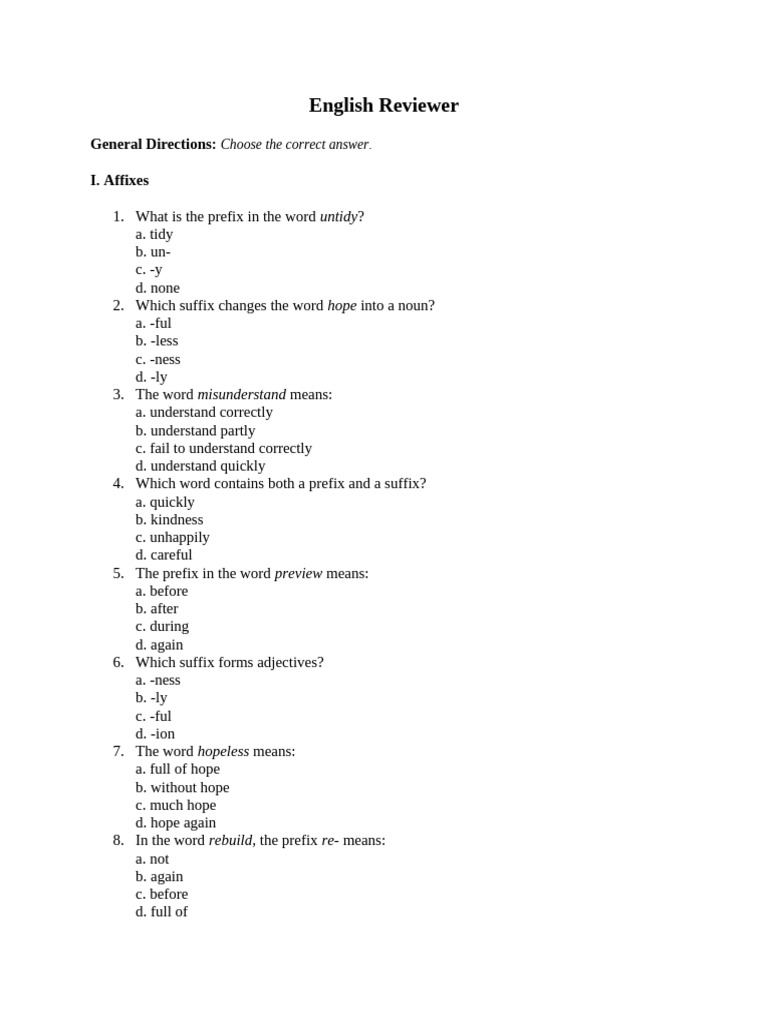 English Language Review Quiz | PDF | Word | Linguistics