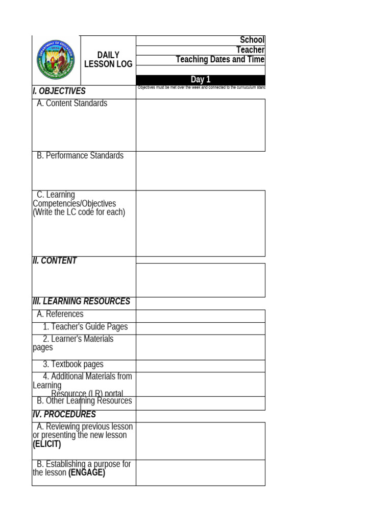 Daily Lesson Log Template for Teachers | PDF | Curriculum | Learning