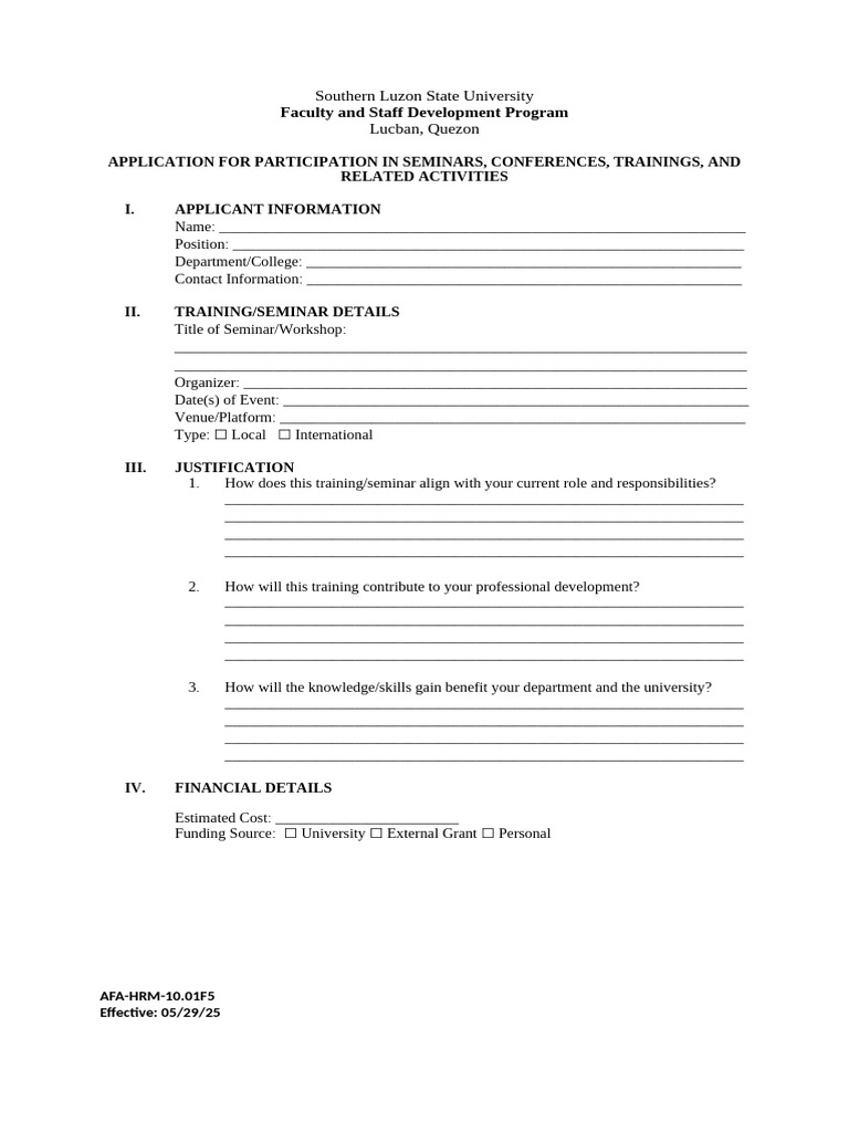 Application For Participation in Seminars Conferences Trainings and ...