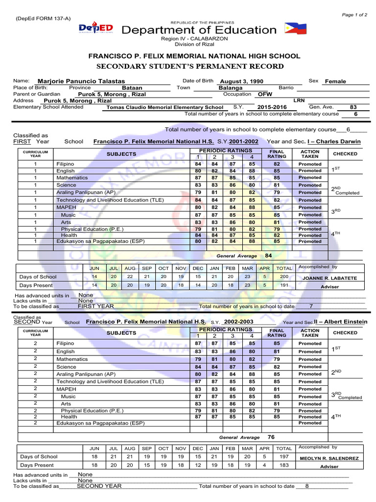 Form 137-A: Student Record Summary | PDF | Philippines