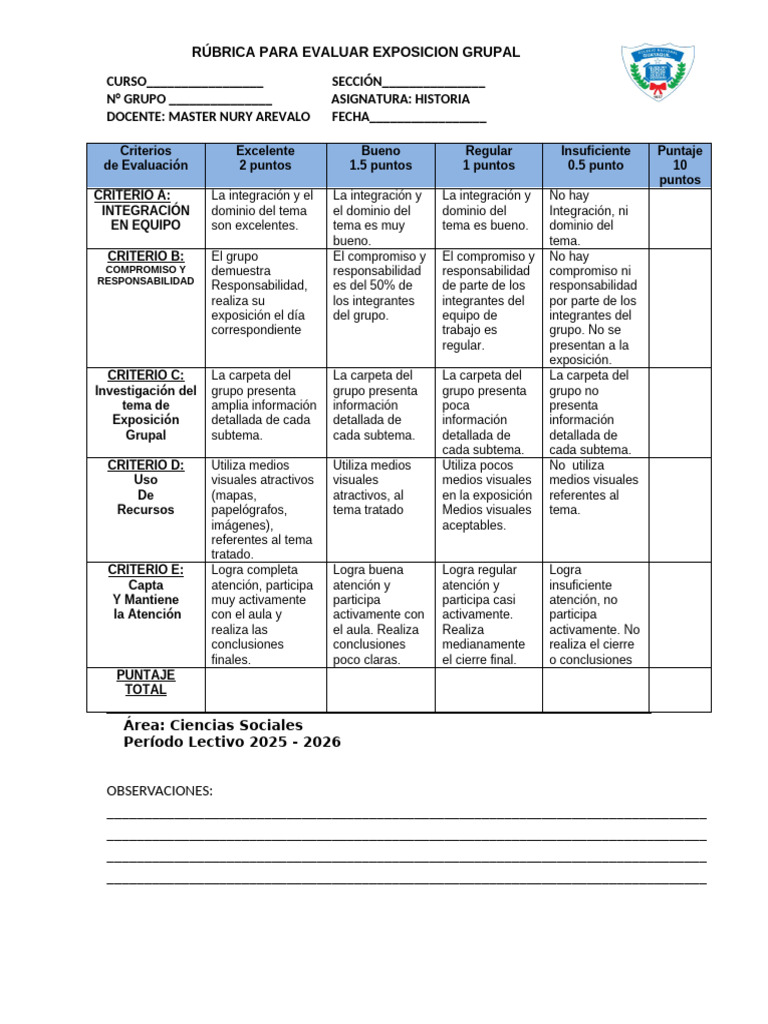 Rúbrica de Evaluación para Exposición Grupal | PDF