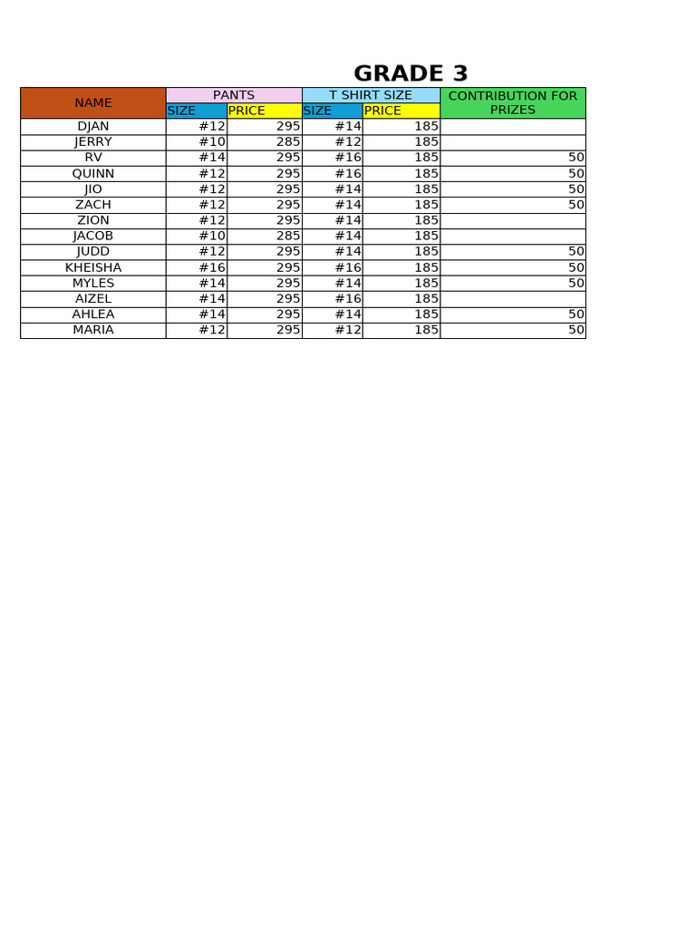 Sizes and Price For Intrams List | PDF