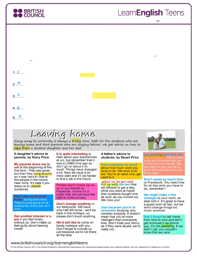 Leaving Home: Reading Skills Exercises | PDF