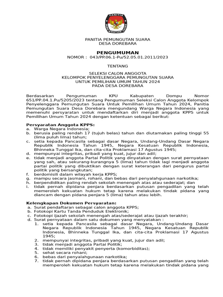 Format Terbaru Pengumuman Pendaftaran Kpps Dan Form Pendaftaran Kpps | PDF