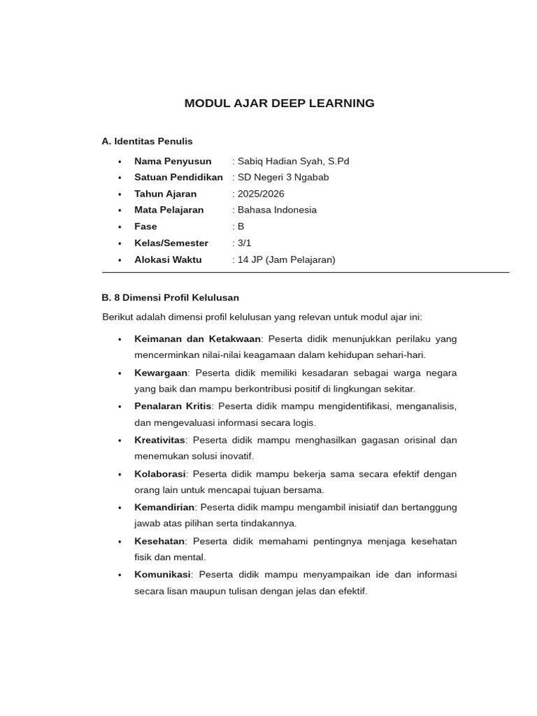Modul Ajar Deep Learning SD Kelas 3 | PDF