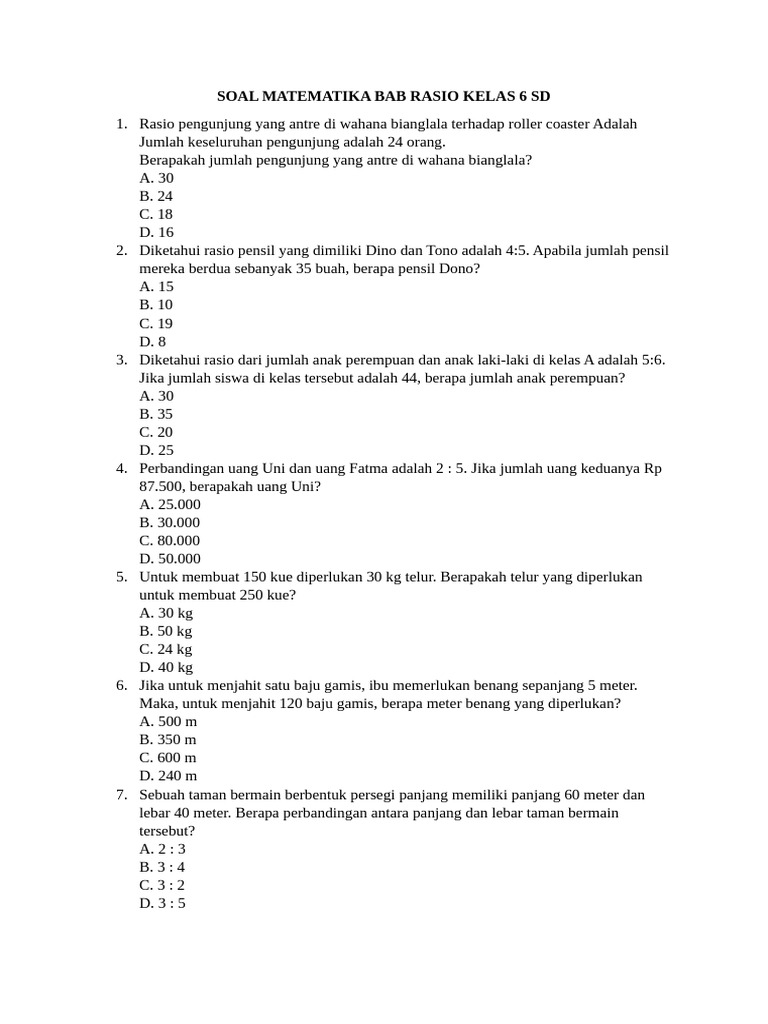 Soal Rasio Matematika Kelas 6 SD | PDF