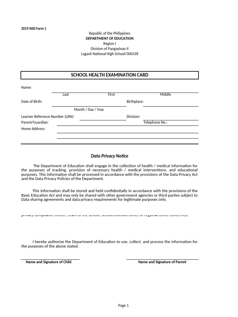 SHD Form 1 Etc Elem Sec | PDF | Periodontology | Medical Specialties