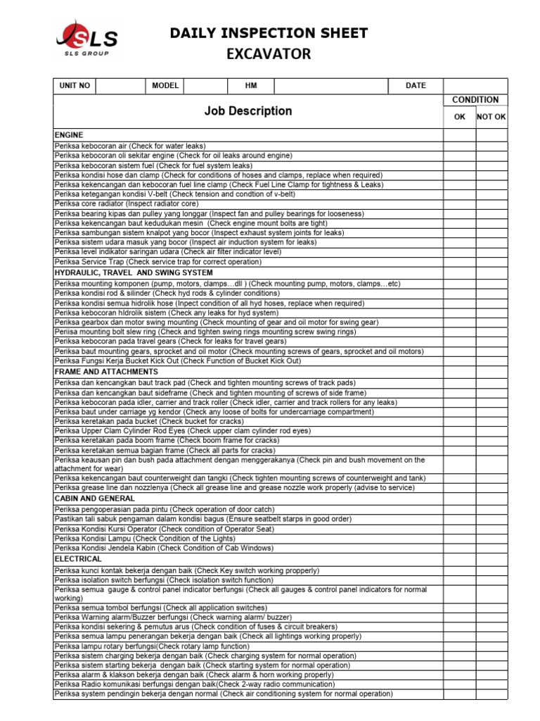 Excavator Daily Inspection Checklist | PDF | Manufactured Goods ...
