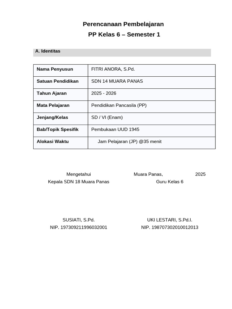 Rencana Pembelajaran PP Kelas 6 SD | PDF