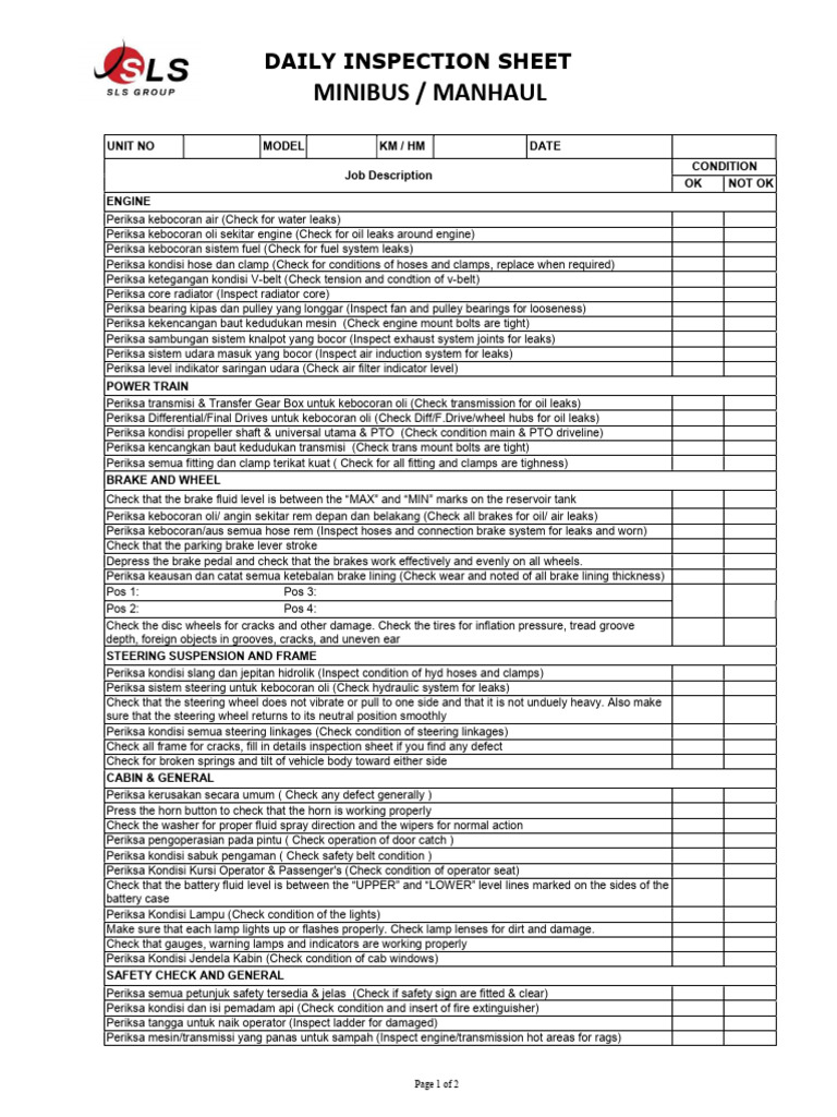 Daily Minibus Inspection Checklist | PDF | Belt (Mechanical) | Land ...