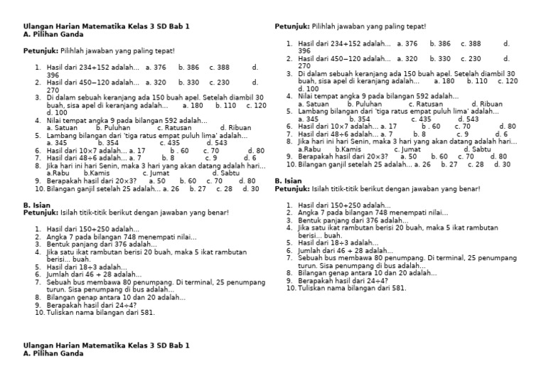 Ulangan Matematika Kelas 3 SD Bab 1 | PDF