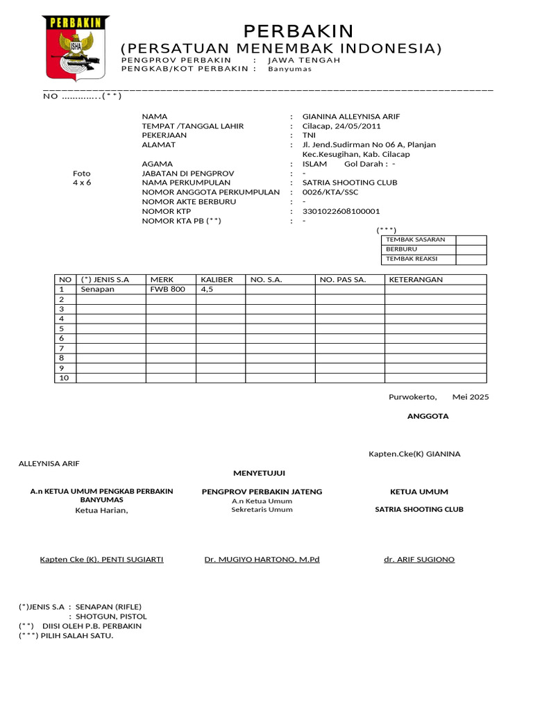 Contoh KTA Perbakin Banyumas | PDF