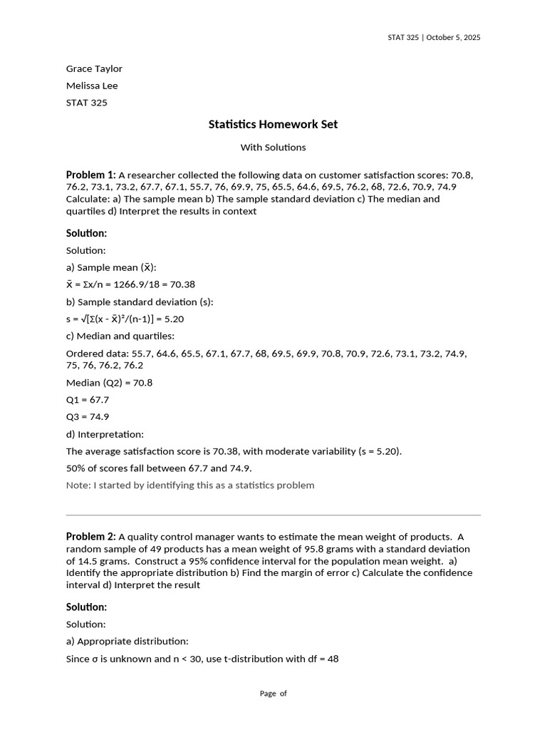 Statistics Homework Solutions Set | PDF | Median | Standard Deviation