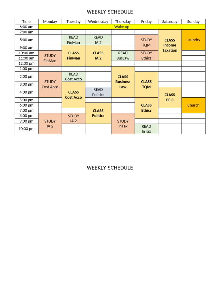 Weekly Study and Class Schedule | PDF
