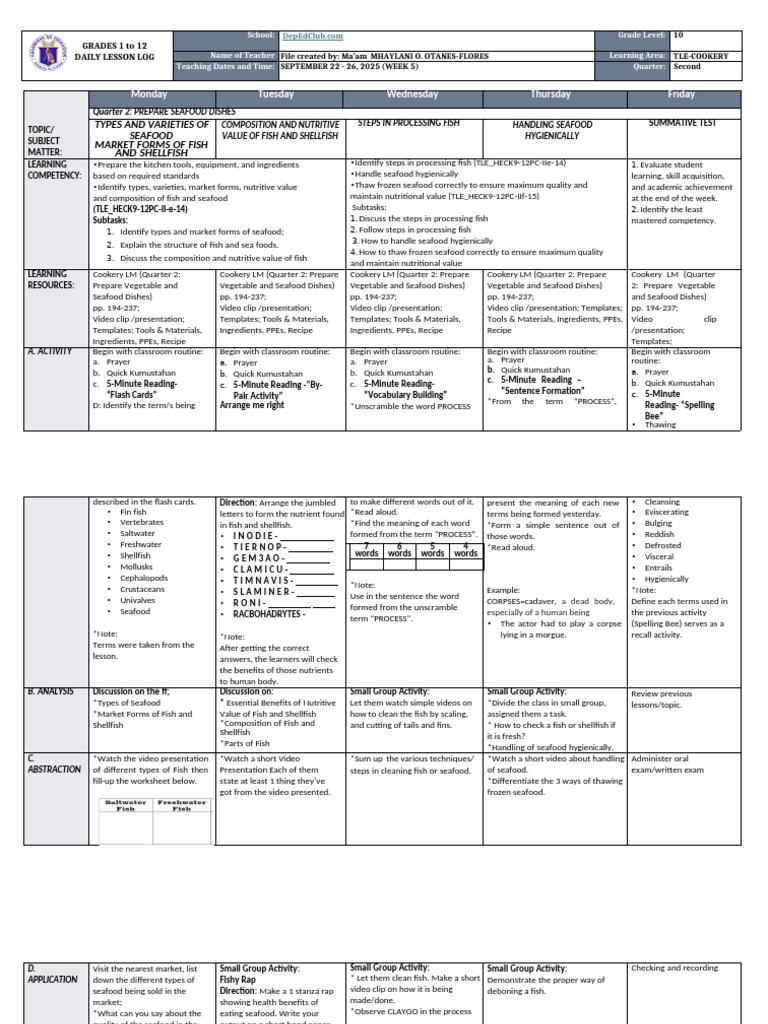 Grade 10 TLE Cookery Lesson Plan | PDF | Seafood | Cooking